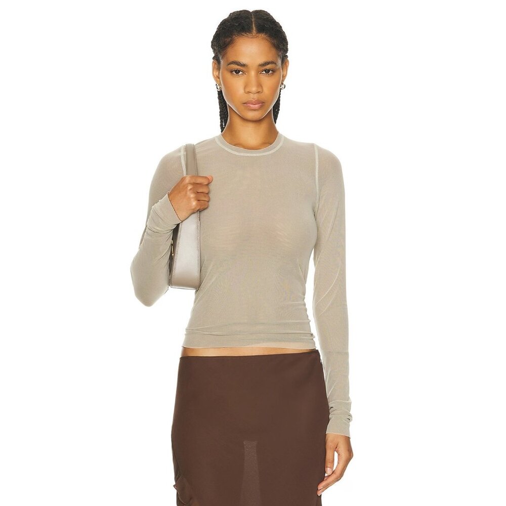 PRISCAVera Long Sleeve Mesh Top in Beige & Brown